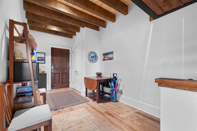 17 River Ridge Court, Beacon, NY 12508 - foyer entrance featuring wood finished floors, baseboards, and wooden ceiling with exposed beams