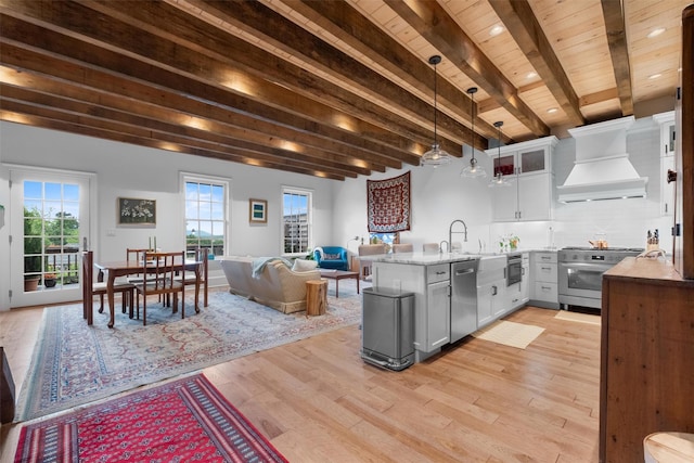 17 River Ridge Court, Beacon, NY 12508 - kitchen with stainless steel appliances, premium range hood, a peninsula, wooden ceiling with exposed beams, and light wood-style flooring
