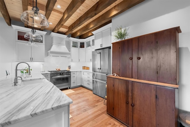 17 River Ridge Court, Beacon, NY 12508 - kitchen featuring wooden ceiling with exposed beams, premium appliances, custom range hood, a sink, and tasteful backsplash