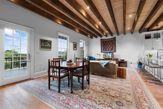 17 River Ridge Court, Beacon, NY 12508 - dining space featuring light wood-type flooring, wooden ceiling with exposed beams, baseboards, and recessed lighting