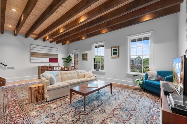 17 River Ridge Court, Beacon, NY 12508 - living area with wooden ceiling with exposed beams, wood finished floors, baseboards, and recessed lighting
