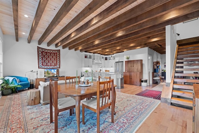 17 River Ridge Court, Beacon, NY 12508 - dining space featuring wood ceiling with exposed beams, light wood-style flooring, stairs, and recessed lighting