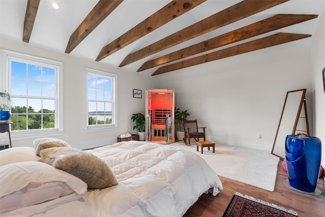 17 River Ridge Court, Beacon, NY 12508 - bedroom featuring beam ceiling, multiple windows, baseboards, and wood finished floors