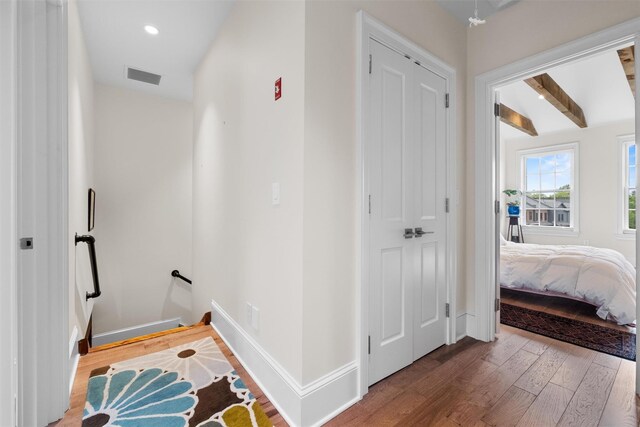 17 River Ridge Court, Beacon, NY 12508 - corridor with an upstairs landing, wood finished floors, baseboards, and recessed lighting