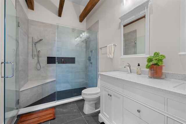 17 River Ridge Court, Beacon, NY 12508 - full bath with toilet, double vanity, a stall shower, tile patterned flooring, and beam ceiling