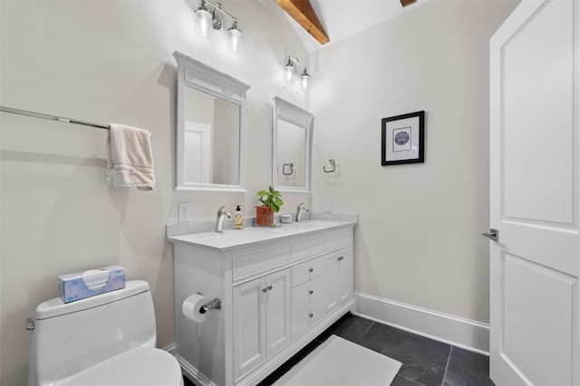 17 River Ridge Court, Beacon, NY 12508 - bathroom featuring double vanity, beamed ceiling, toilet, tile patterned floors, and baseboards