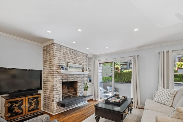 216 Purchase St Unit A, Rye, NY 10580 - living area featuring ornamental molding, a fireplace, wood finished floors, and recessed lighting