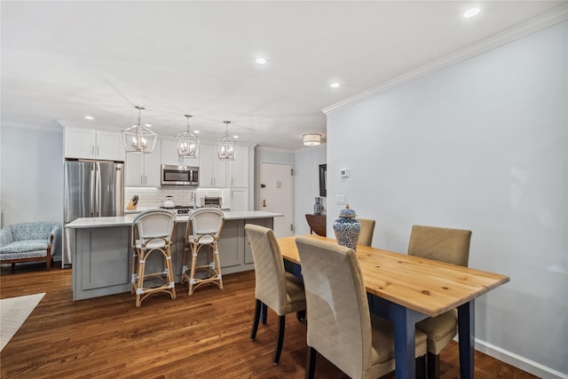 216 Purchase St Unit A, Rye, NY 10580 - dining space with ornamental molding, recessed lighting, dark wood finished floors, and baseboards