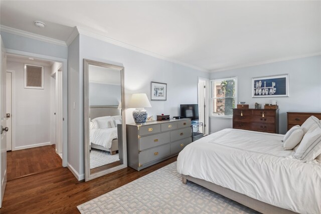 216 Purchase St Unit A, Rye, NY 10580 - bedroom with ornamental molding, dark wood finished floors, and baseboards