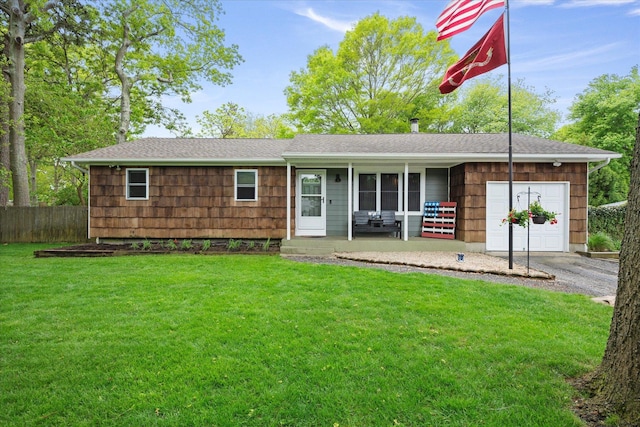 12 Debragga Ave, East Moriches, NY 11940 - ranch-style house featuring covered porch, an attached garage, asphalt driveway, and a shingled roof