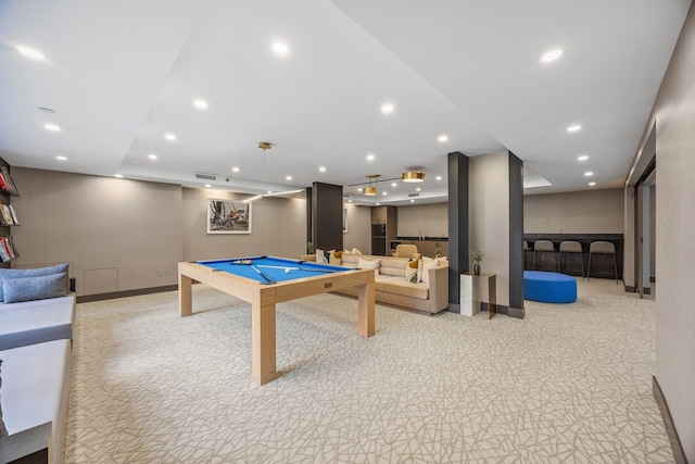 555 W 23rd St Unit S3Q, New York Manhattan, NY 10011 - rec room featuring billiards, light colored carpet, baseboards, and recessed lighting