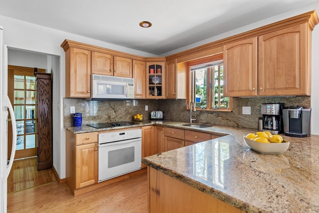 18 Stuyvesant Cir E, East Setauket, NY 11733 - kitchen featuring white appliances, a sink, light stone counters, and backsplash