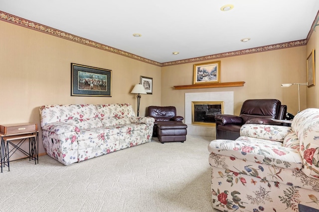 18 Stuyvesant Cir E, East Setauket, NY 11733 - carpeted living area with a glass covered fireplace, crown molding, and recessed lighting