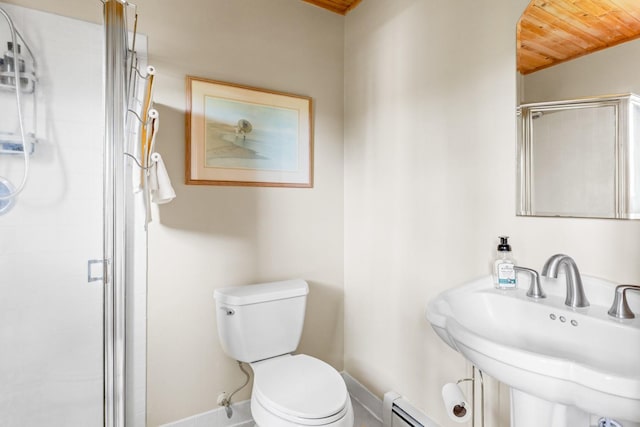 18 Stuyvesant Cir E, East Setauket, NY 11733 - full bath featuring baseboard heating, baseboards, a stall shower, toilet, and a sink