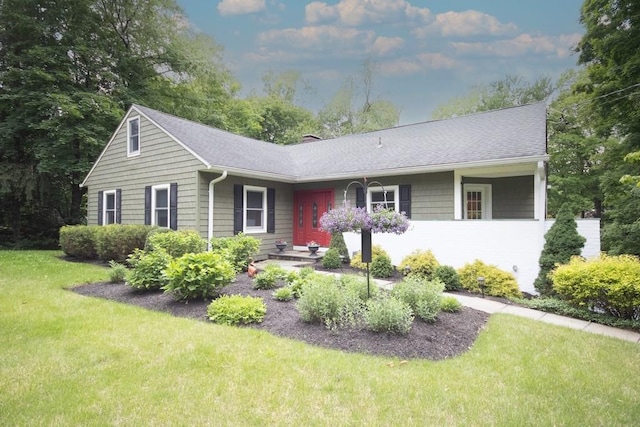 4 Southview Rd, Chappaqua, NY 10514 - ranch-style house featuring a front yard, roof with shingles, and a chimney