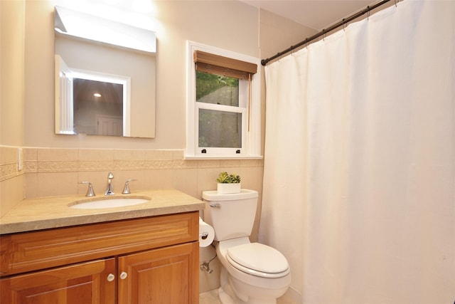 4 Southview Rd, Chappaqua, NY 10514 - full bathroom featuring toilet, vanity, curtained shower, and tile walls