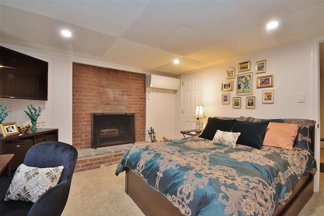 4 Southview Rd, Chappaqua, NY 10514 - carpeted bedroom featuring a brick fireplace, a wall unit AC, and crown molding