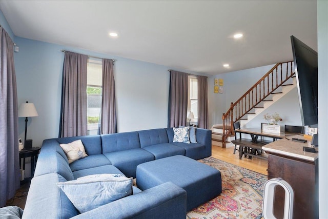 545 Mount Ave, West Babylon, NY 11704 - living area with stairway, light wood-type flooring, and recessed lighting