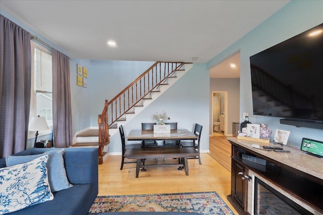 545 Mount Ave, West Babylon, NY 11704 - dining space with stairs, light wood-style flooring, baseboards, and recessed lighting