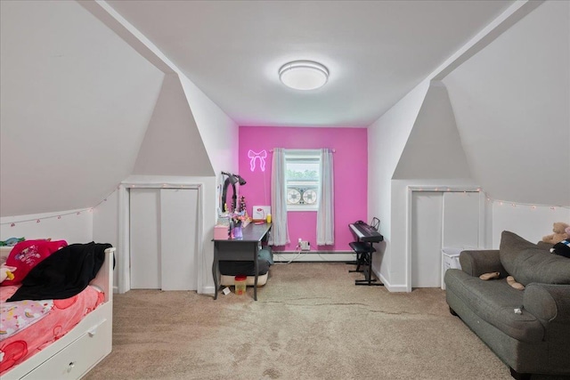 545 Mount Ave, West Babylon, NY 11704 - bedroom with carpet, a baseboard heating unit, and vaulted ceiling