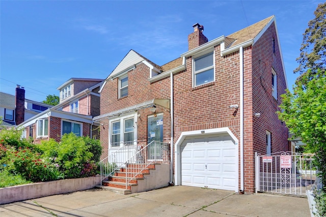 34-08 Murray Ln, Flushing, NY 11354 - traditional home with an attached garage, brick siding, driveway, and a chimney
