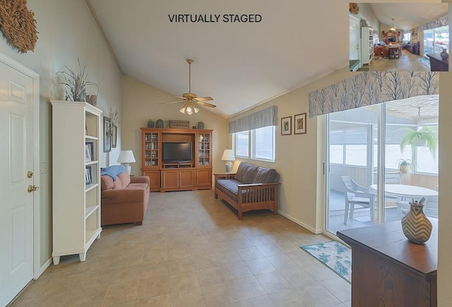 2 Mohican Rd, Newburgh, NY 12550 - living room with ceiling fan, lofted ceiling, and baseboards