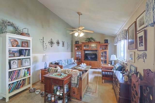2 Mohican Rd, Newburgh, NY 12550 - living area with lofted ceiling, a ceiling fan, and crown molding