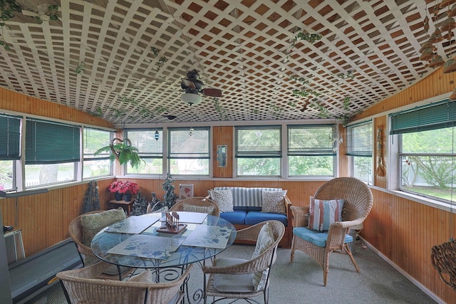 2 Mohican Rd, Newburgh, NY 12550 - sunroom / solarium with wood walls, ceiling fan, carpet, lofted ceiling, and outdoor lounge area