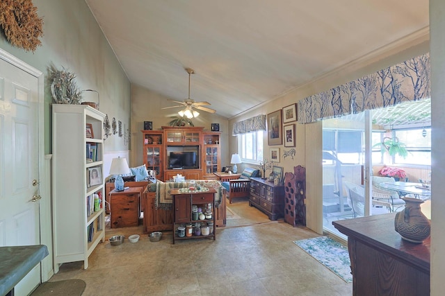 2 Mohican Rd, Newburgh, NY 12550 - living room featuring ceiling fan, lofted ceiling, and ornamental molding