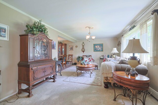 2 Mohican Rd, Newburgh, NY 12550 - living area featuring carpet flooring, a chandelier, ornamental molding, and baseboards