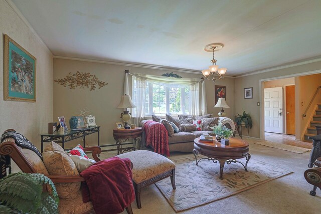 2 Mohican Rd, Newburgh, NY 12550 - carpeted living area featuring stairway, a chandelier, and ornamental molding