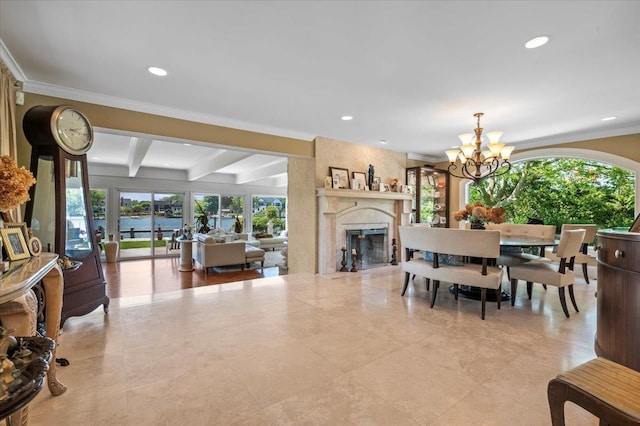 dining room with beam ceiling, plenty of natural light, a chandelier, recessed lighting, and crown molding