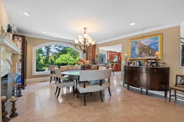 dining space with a chandelier, crown molding, and recessed lighting