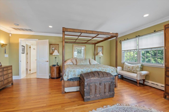 bedroom with baseboard heating, crown molding, light wood-style flooring, baseboards, and recessed lighting
