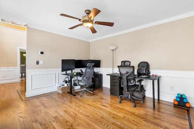 135 Ray Blvd, Poughkeepsie, NY 12603 - office area with crown molding, wainscoting, ceiling fan, wood finished floors, and a decorative wall