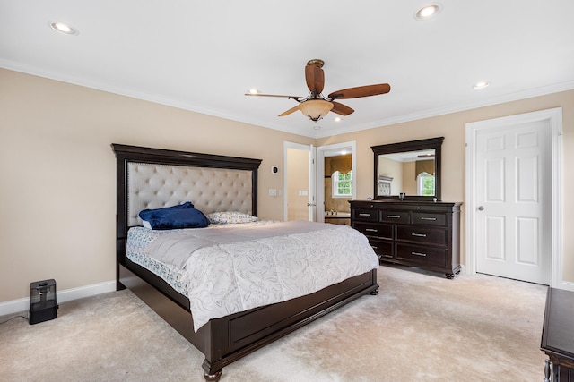 135 Ray Blvd, Poughkeepsie, NY 12603 - bedroom featuring light carpet, baseboards, recessed lighting, ornamental molding, and a ceiling fan