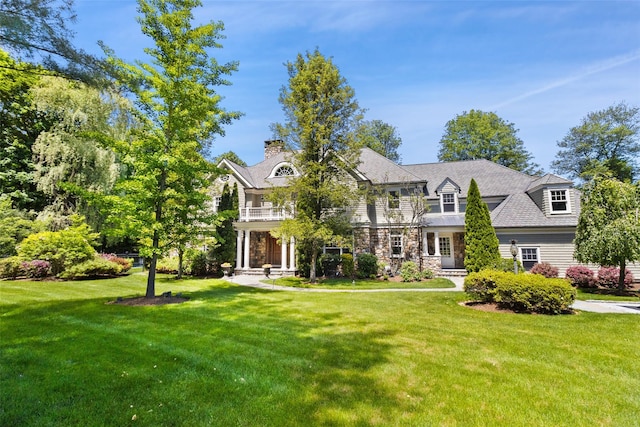 5 Club Way, Mount Kisco, NY 10549 - shingle-style home featuring a balcony, stone siding, a front lawn, and a chimney