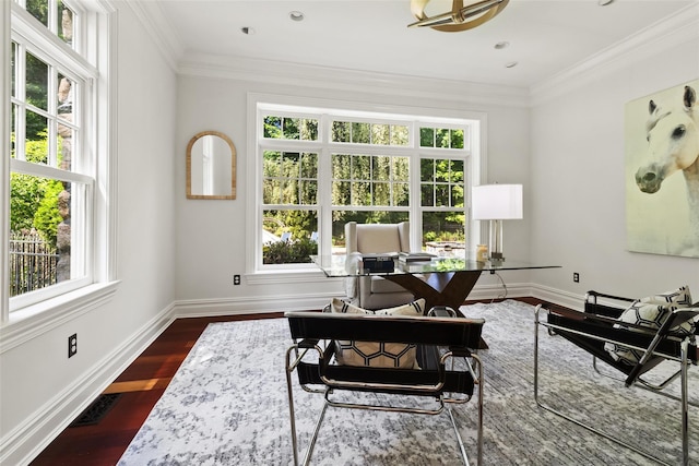 5 Club Way, Mount Kisco, NY 10549 - office with plenty of natural light, baseboards, dark wood-style floors, ornamental molding, and recessed lighting