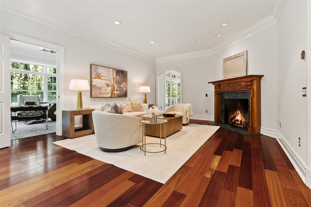 5 Club Way, Mount Kisco, NY 10549 - living room with a fireplace, hardwood / wood-style flooring, healthy amount of natural light, ornamental molding, and recessed lighting