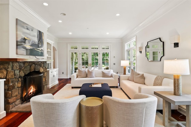 5 Club Way, Mount Kisco, NY 10549 - living room featuring wood finished floors, ornamental molding, a stone fireplace, and recessed lighting