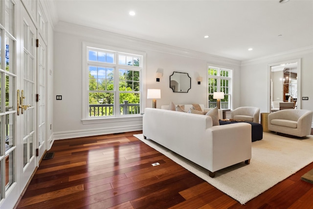 5 Club Way, Mount Kisco, NY 10549 - living area featuring crown molding, hardwood / wood-style floors, french doors, baseboards, and recessed lighting