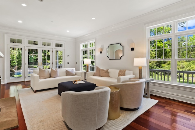 5 Club Way, Mount Kisco, NY 10549 - living area with ornamental molding, hardwood / wood-style floors, recessed lighting, and french doors