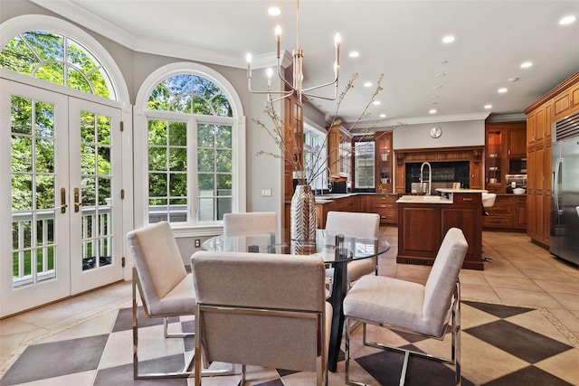 5 Club Way, Mount Kisco, NY 10549 - dining space featuring plenty of natural light, recessed lighting, french doors, crown molding, and light tile patterned floors
