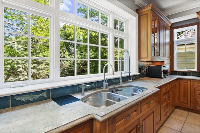 5 Club Way, Mount Kisco, NY 10549 - kitchen with a sink, brown cabinets, light tile patterned flooring, glass insert cabinets, and light stone counters
