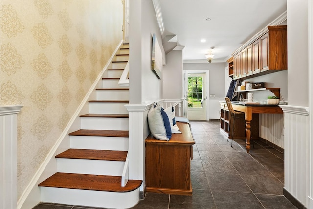 5 Club Way, Mount Kisco, NY 10549 - stairway with ornamental molding and wallpapered walls