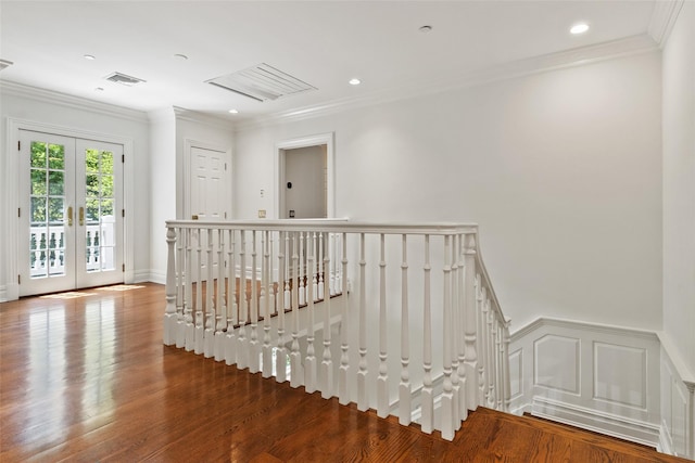 5 Club Way, Mount Kisco, NY 10549 - hall featuring an upstairs landing, wood finished floors, crown molding, french doors, and recessed lighting