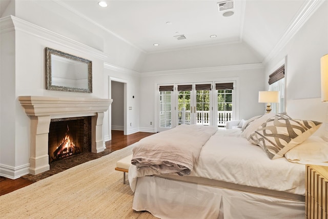 5 Club Way, Mount Kisco, NY 10549 - bedroom with access to outside, wood finished floors, a lit fireplace, crown molding, and baseboards