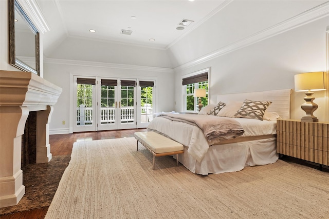 5 Club Way, Mount Kisco, NY 10549 - bedroom featuring access to exterior, crown molding, wood finished floors, a fireplace, and recessed lighting