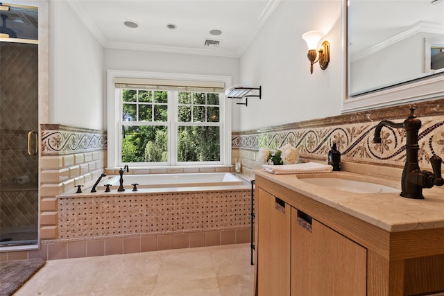 5 Club Way, Mount Kisco, NY 10549 - bathroom featuring vanity, a bath, a shower stall, crown molding, and wainscoting