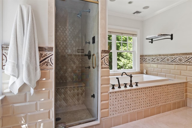 5 Club Way, Mount Kisco, NY 10549 - bathroom with a garden tub, a stall shower, ornamental molding, tile walls, and tile patterned floors
